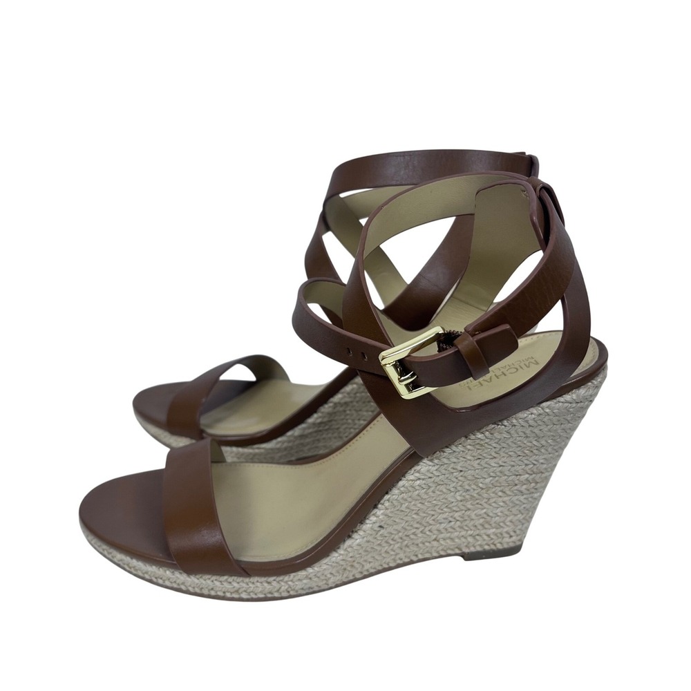 Michael Kors Brown Leather Kaylee Espadrille Wedge Sandals Size 8M (656clo) - Picture 5 of 8